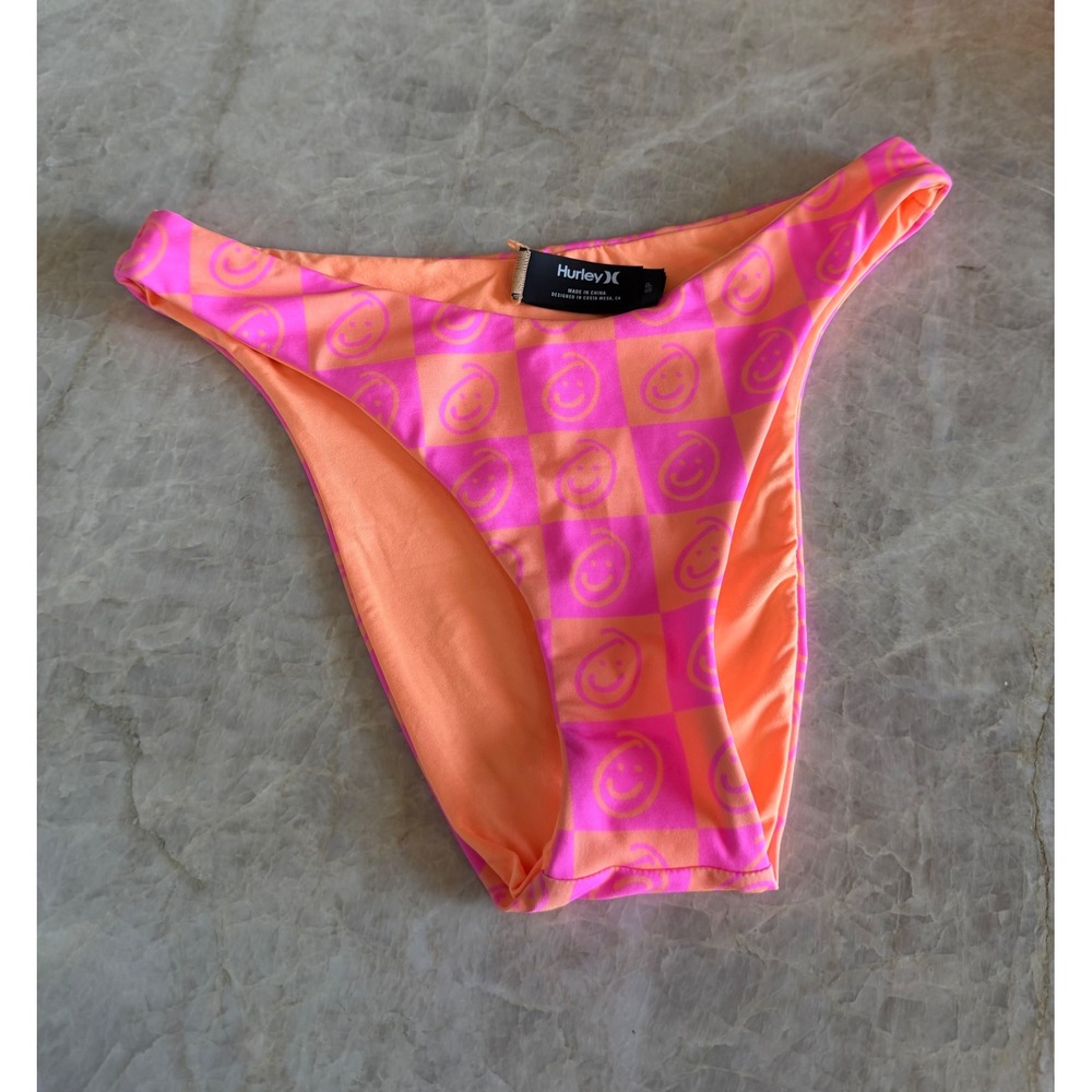 NWOT Hurley Pink Orange Checkered Smiley Face Bikini Bottom High Cut Cheeky Sm